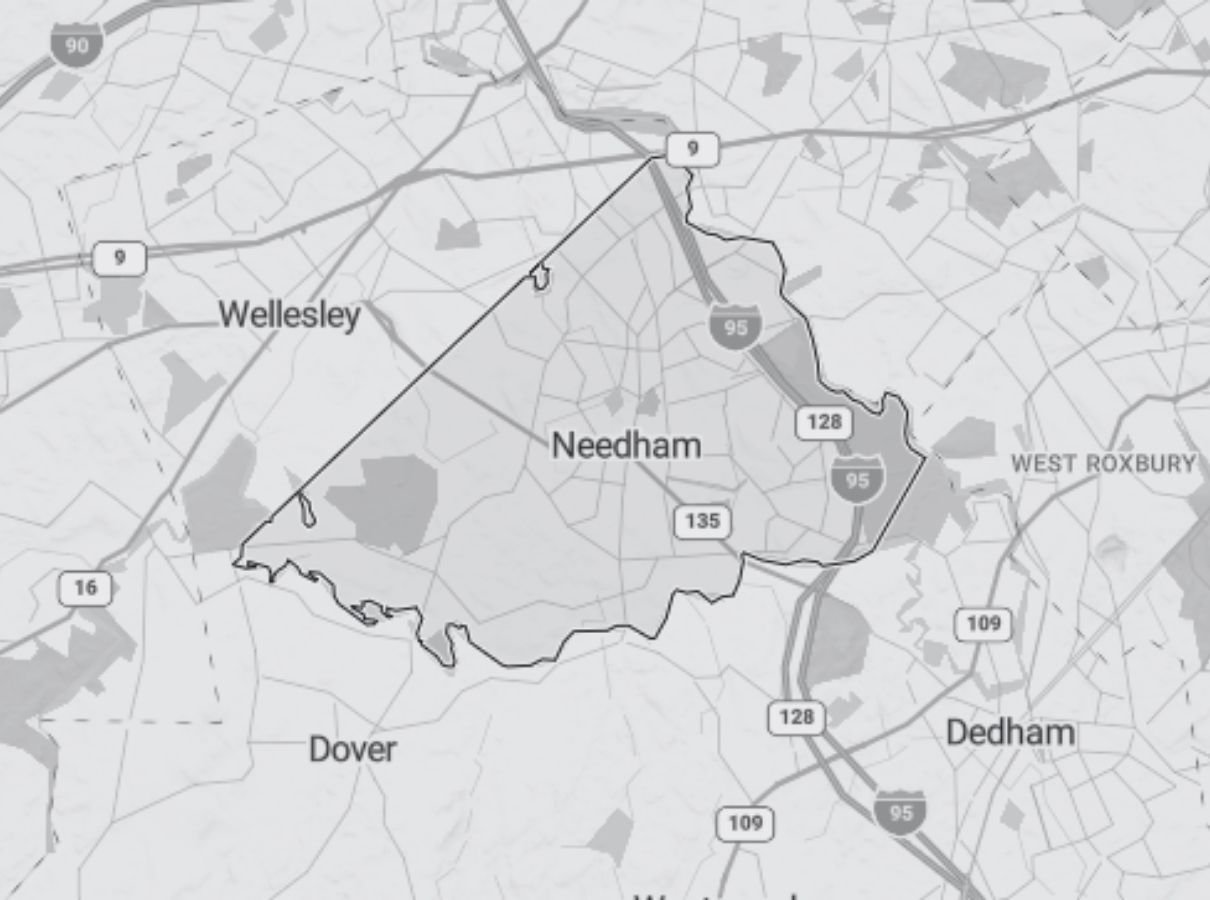 Image of a map of Needham a service area of Gilmore Building Co Image of a map of Needham a service area of Gilmore Building Co