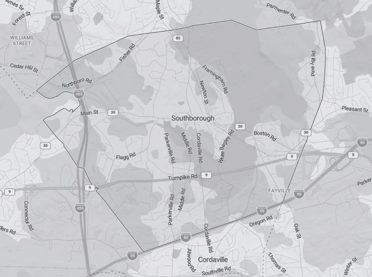 Image of a map of Southborough a service area of Gilmore Building Co Image of a map of Southborough a service area of Gilmore Building Co