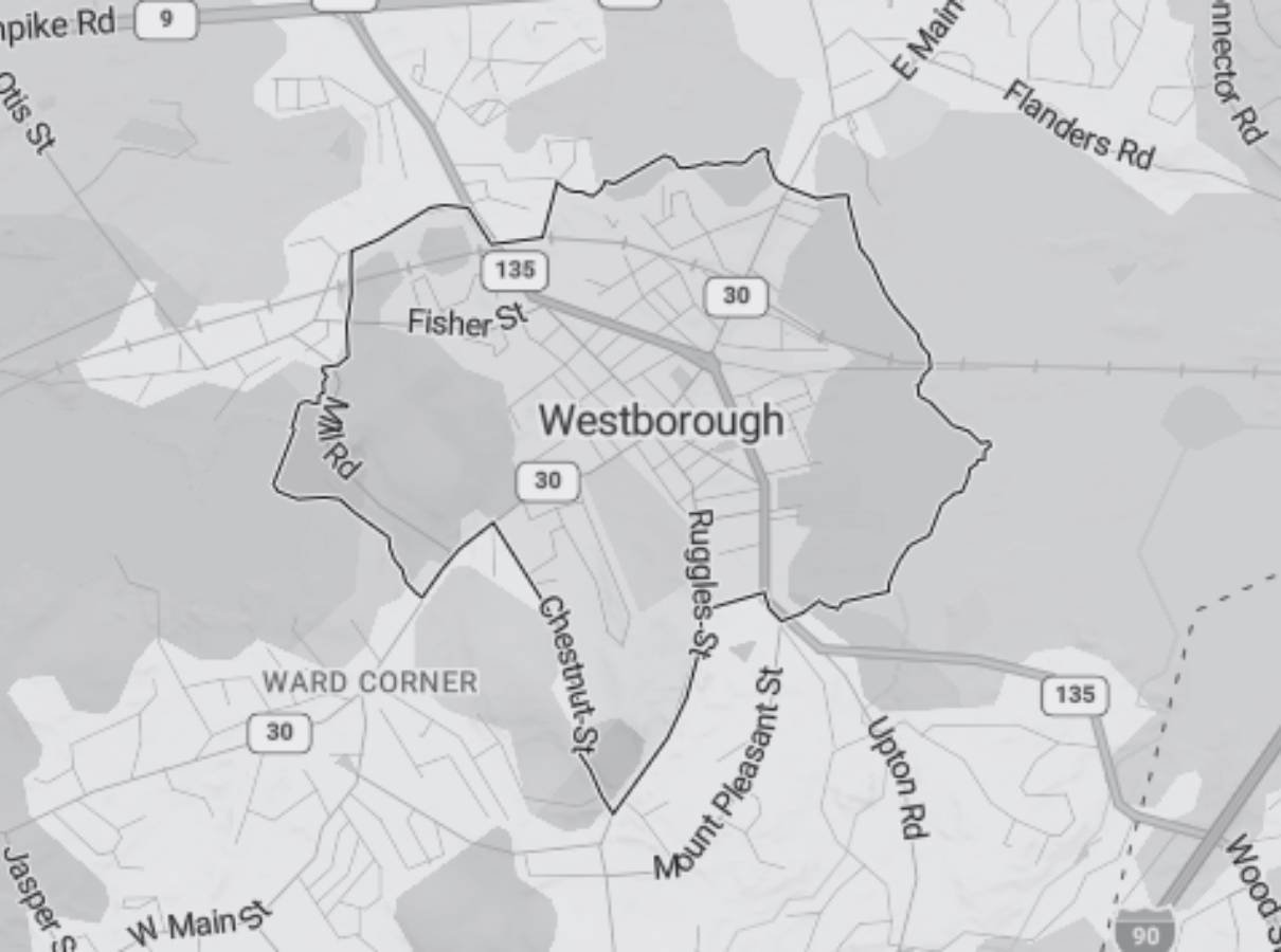 Image of a map of Westborough a service area of Gilmore Building Co Image of a map of Westborough a service area of Gilmore Building Co