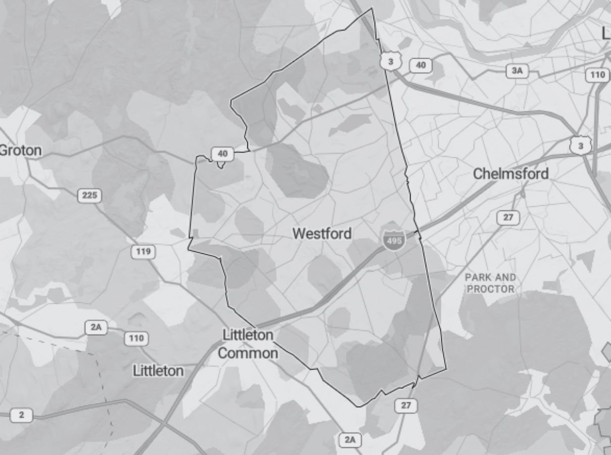 Image of a map of Westford a service area of Gilmore Building Co Image of a map of Westford a service area of Gilmore Building Co